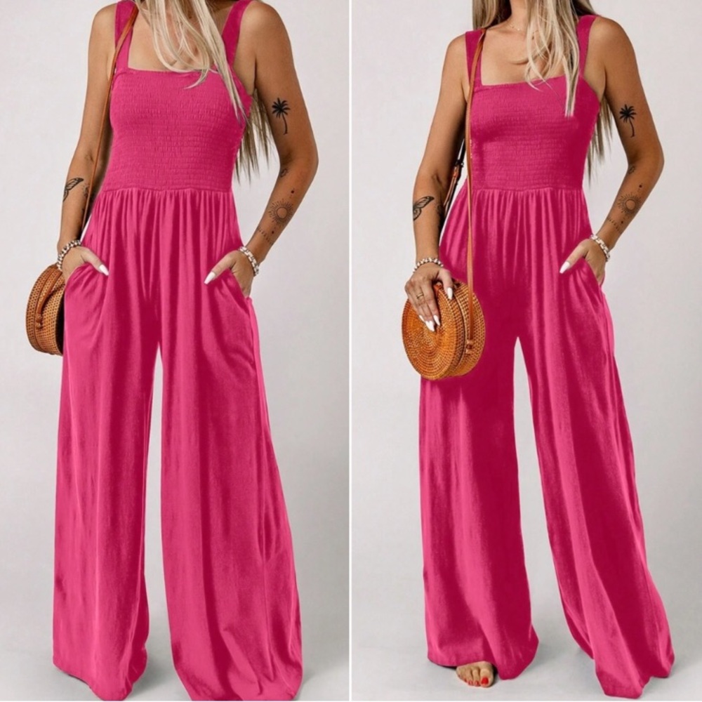 Boho smocked bodice wide leg wide straps cami jumpsuit - Picture 3 of 8
